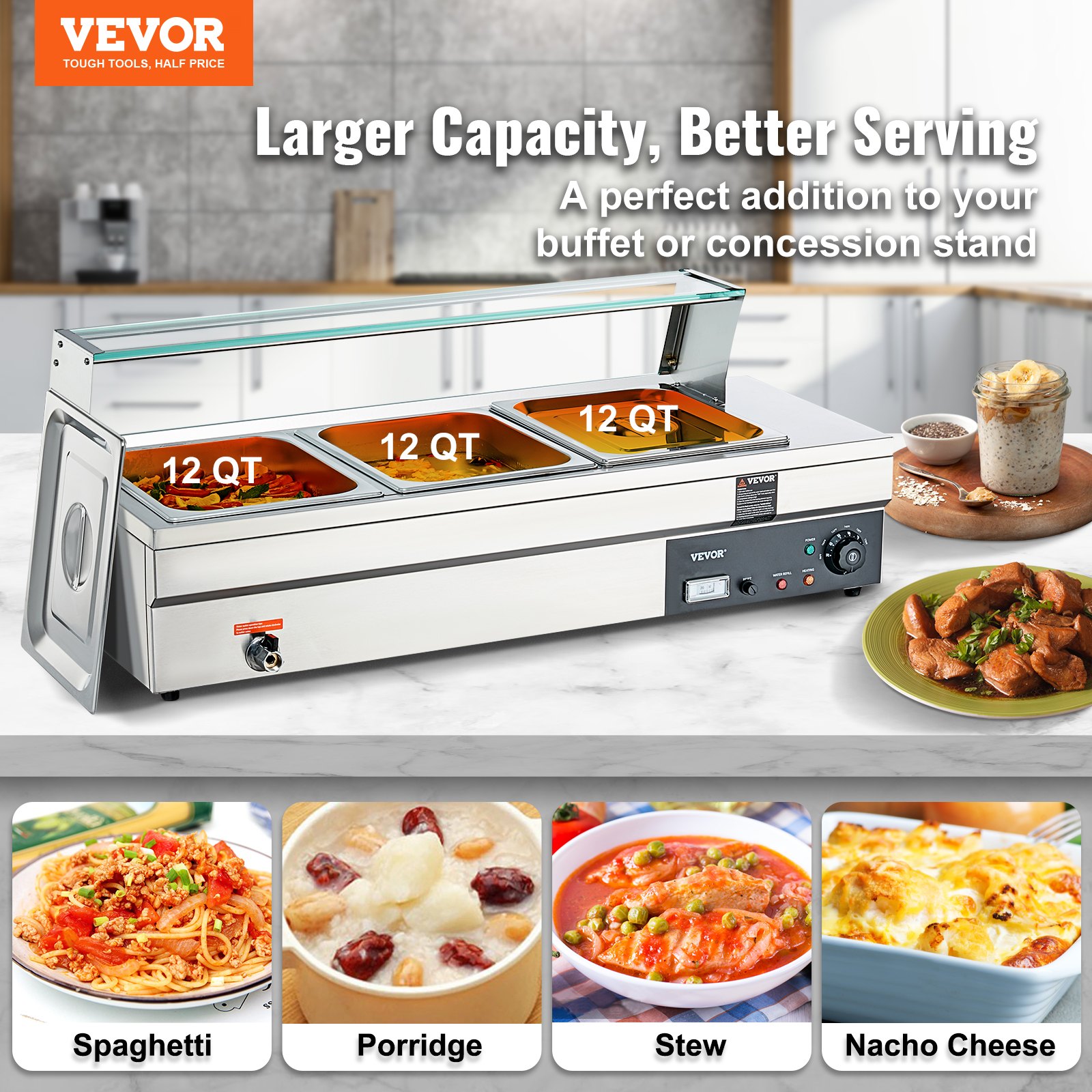 Chauffe-Plat Buffet VEVOR 3 Bacs 16L 1200W - Bain-Marie Électrique Inox Température Réglable