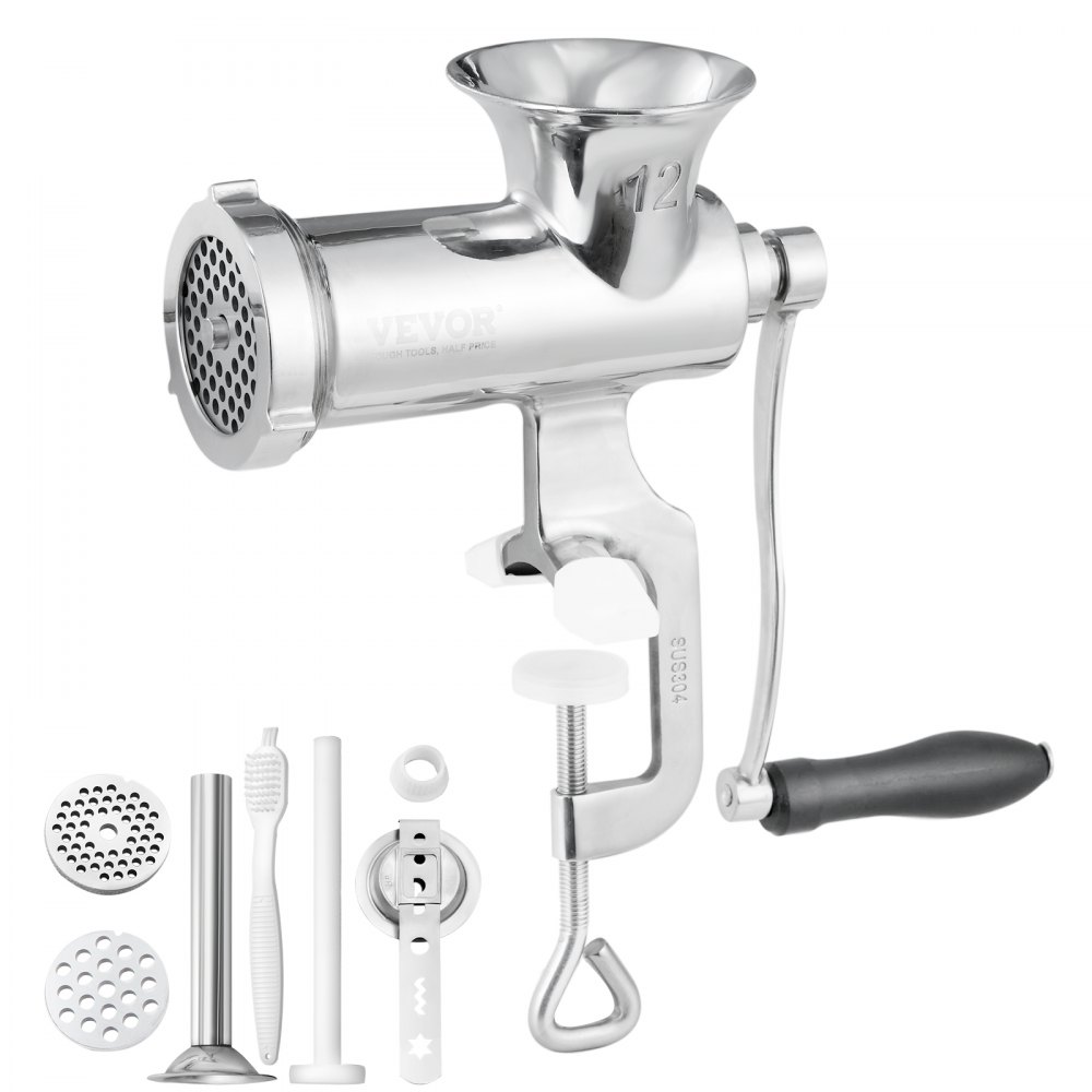 Hachoir à Viande VEVOR Manuel En Inox Alimentaire Hachoir Manuel à Manivelle 2 Plaques De Broyage 5 Mm 8 Mm Poussoir à Saucisses Avec Tube Fixation Serre -Joint Couper Viande Légumes Noix Boucheries