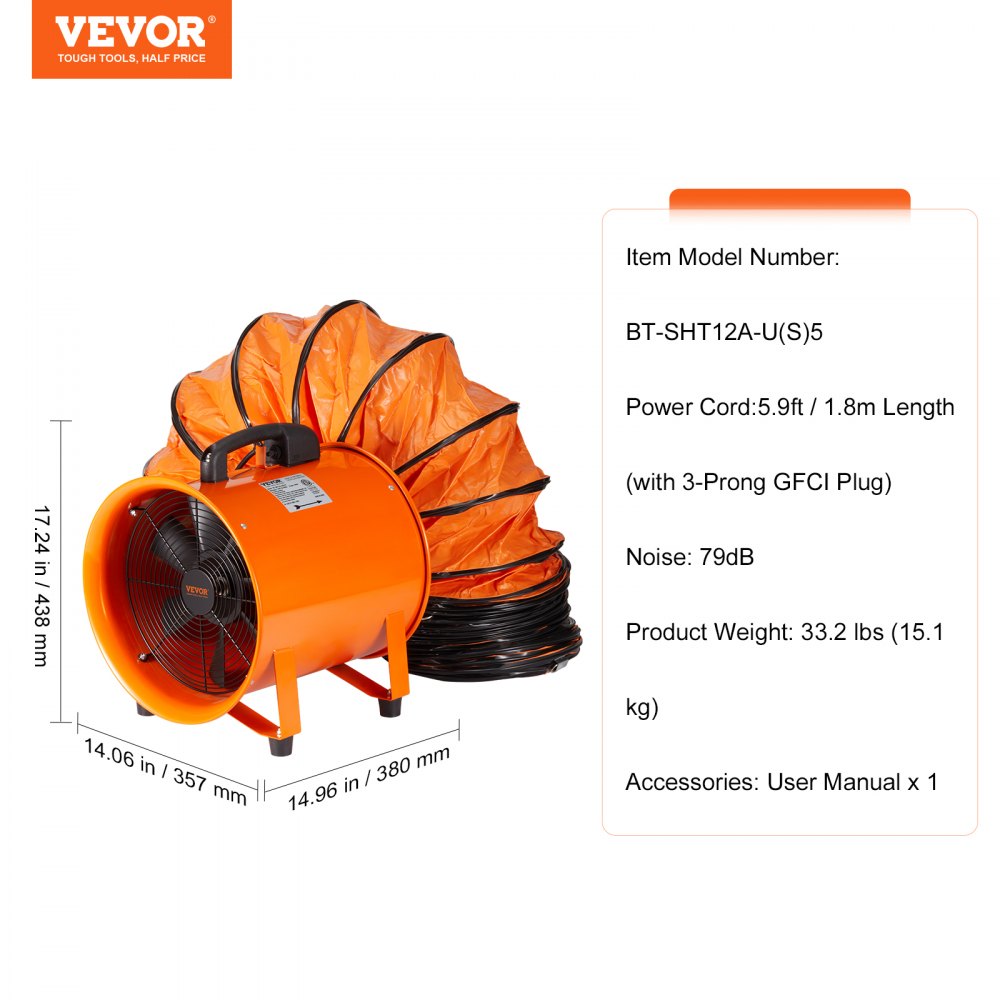 Ventilateur Extracteur Industriel VEVOR 12 Pouces (304.8 Mm) 550W - 2500 CFM, Portable