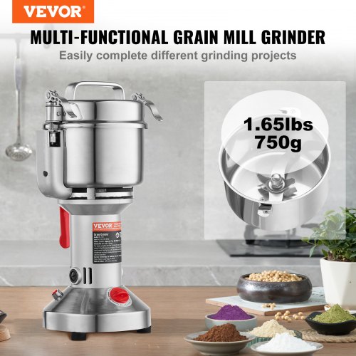 VEVOR Moulin à Épices Électrique 750g 2000W - Broyeur Grains Commercial Haute Vitesse Acier Inox