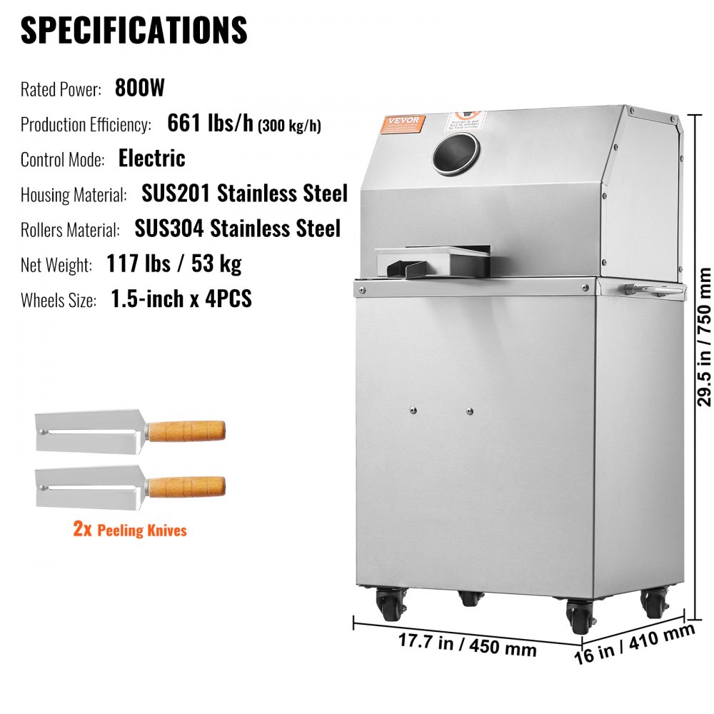 Extracteur de canne à sucre VEVOR 800W300kg h 4 Rouleaux Grande Entrée Presse Agrumes Extraction de Jus Domestique et Commerciale   Electroménager