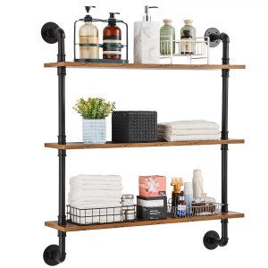 Étagère Double Style Industriel En Tuyaux - Bois Et Acier, 80x30x60 Cm, Murale, Neuf, Pour Rangement