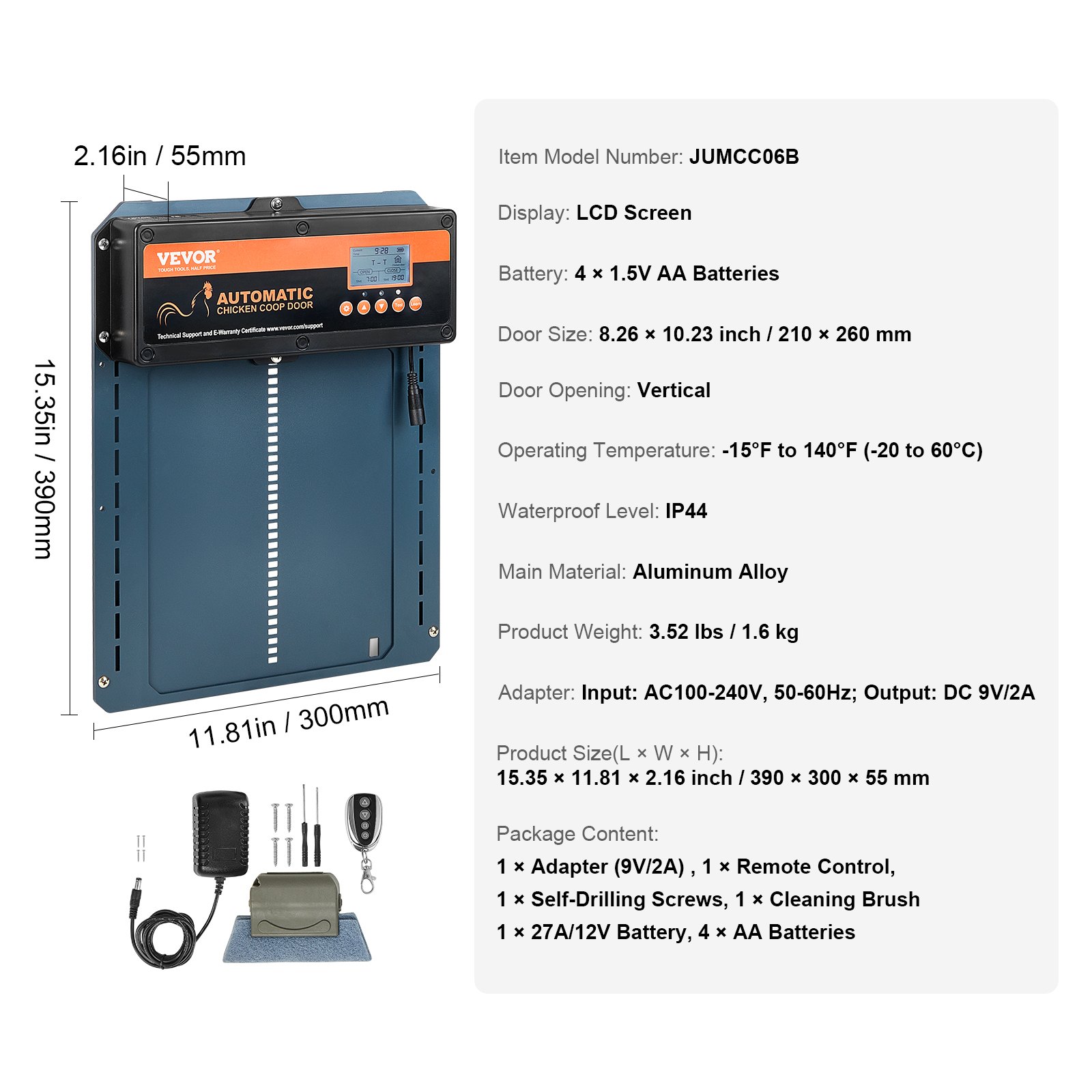 Porte Automatique Poulailler Okköbi Coop Door Lite - Ouverture 28x24 Cm - Mode Minuterie Ou Manuel - Piles AA Incluses - Sécurité Anti-pincement - étanche