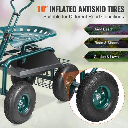 Chariot De Jardinage Roulant Avec Siège Pivotant - Hauteur Réglable, Plateau Et Panier, Roues En Caoutchouc