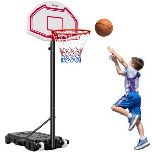 Panier De Basket VEVOR Hauteur Réglable 1,6-2,1 M – Roulettes, Panneau PE, Filet Nylon, Intérieur/Extérieur