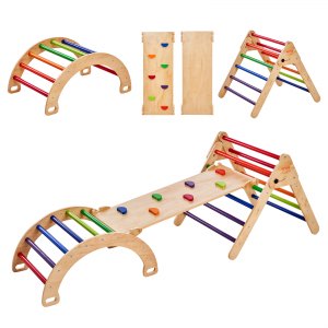 HOMASIS Montessori Triangle Echelle d'Escalade pour Enfant, Cadre à Grimper avec Toboggan Réglable en Hauteur& Marches pour Glisser& Grimper, Aire de Jeux en Bois pour Enfants 1+ Ans 86,5x48x73,5cm
