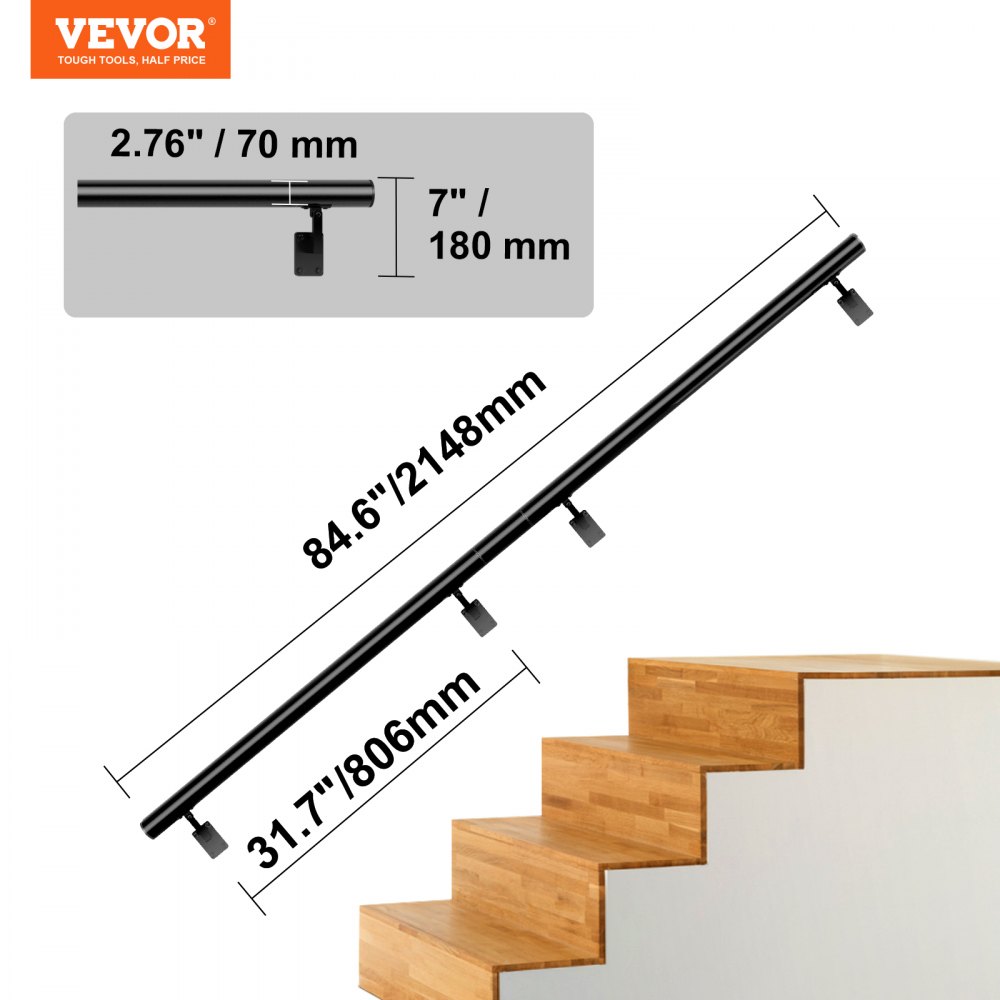 Main Courante pour Escaliers Intérieur Extérieur Marches - 1m 150cm 2m 240cm 3m 6m Supports de Garde-corps d'Escalier à Montage Mural Kit de Rampe d'Escalier en Fer Forgé Noir Main courante de