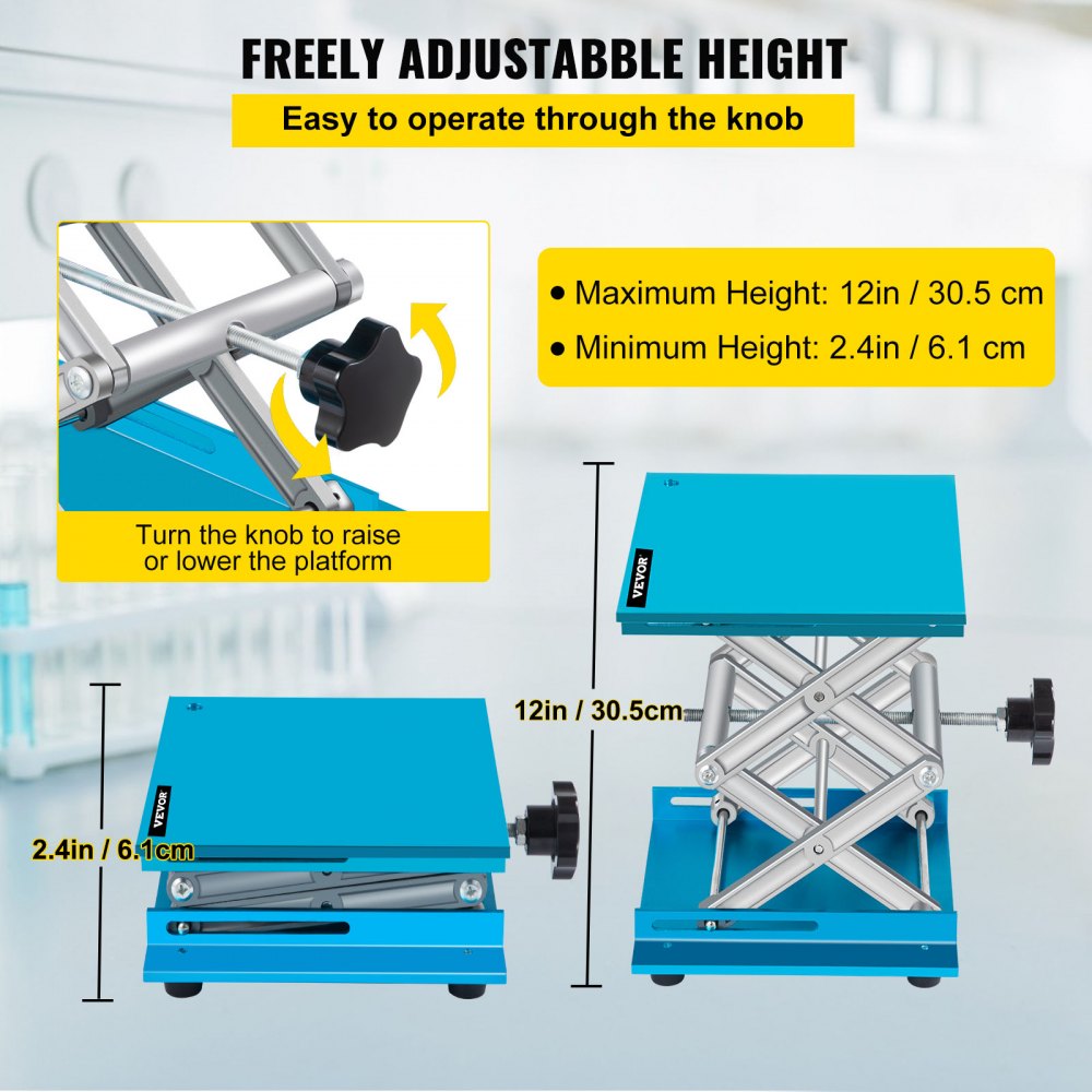 Plate-forme élévatrice De Laboratoire Réglable - Alliage Aluminium, 90x90 Mm, Hauteur 26-90 Mm, Capacité 30 Kg