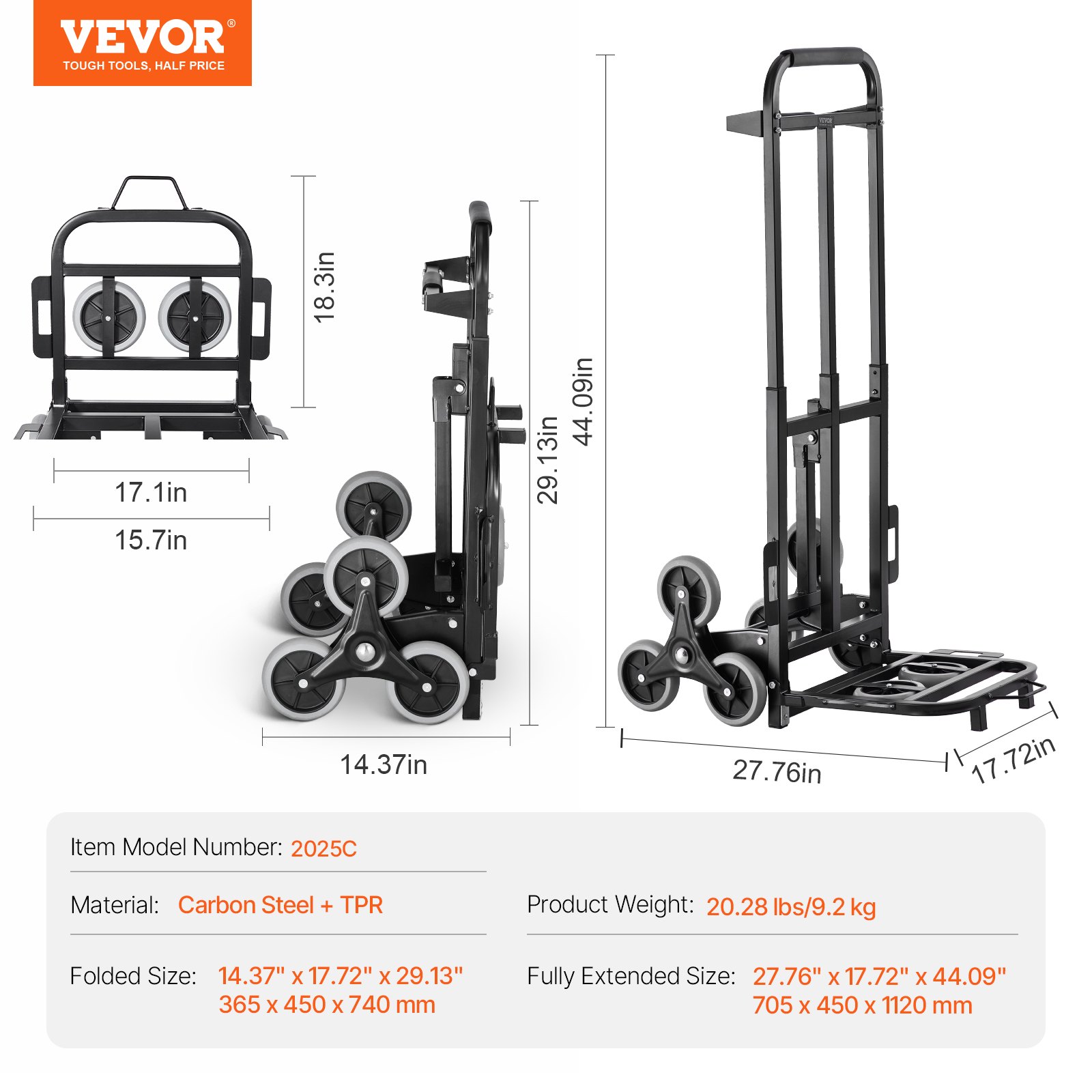 Chariot D'escalier Pliable Robuste – 6+2 Roues, Charge 460 Lbs (210 Kg), Noir