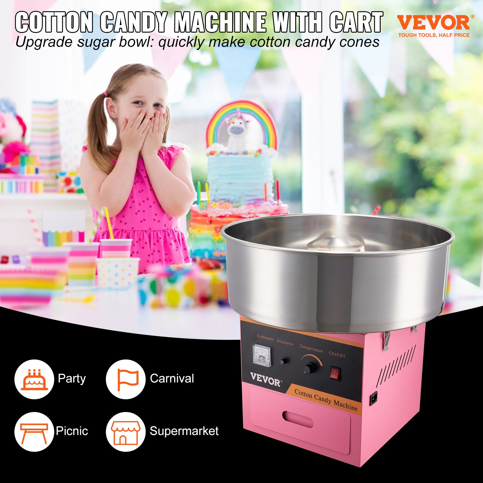 Machine à Barbe à Papa Professionnelle VEVOR - 1000W - 6 Cônes/min - Chariot Inclus - Inox Alimentaire