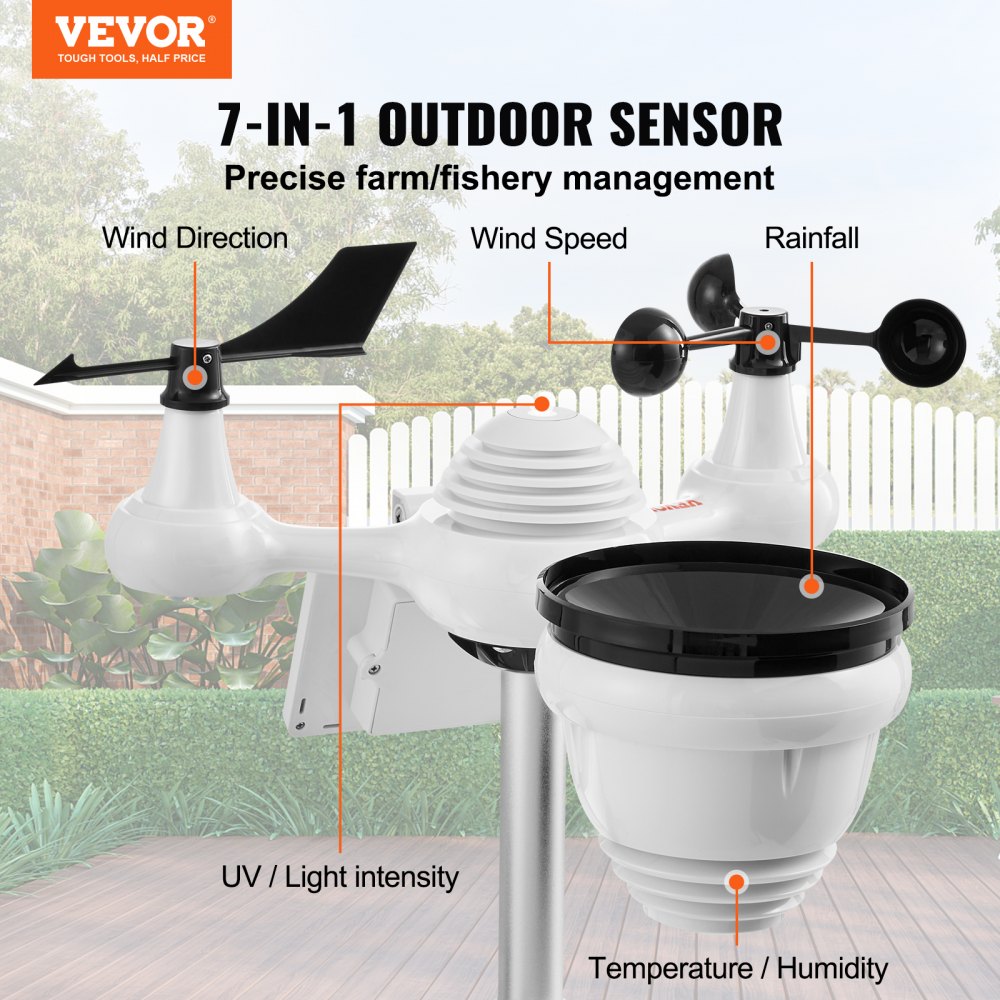 Station Météo Sans Fil 7 En 1 VEVOR Avec Wi-Fi - Écran TFT 7 Pouces Couleur, Capteur Solaire Extérieur, Température Humidité Vent Pluie