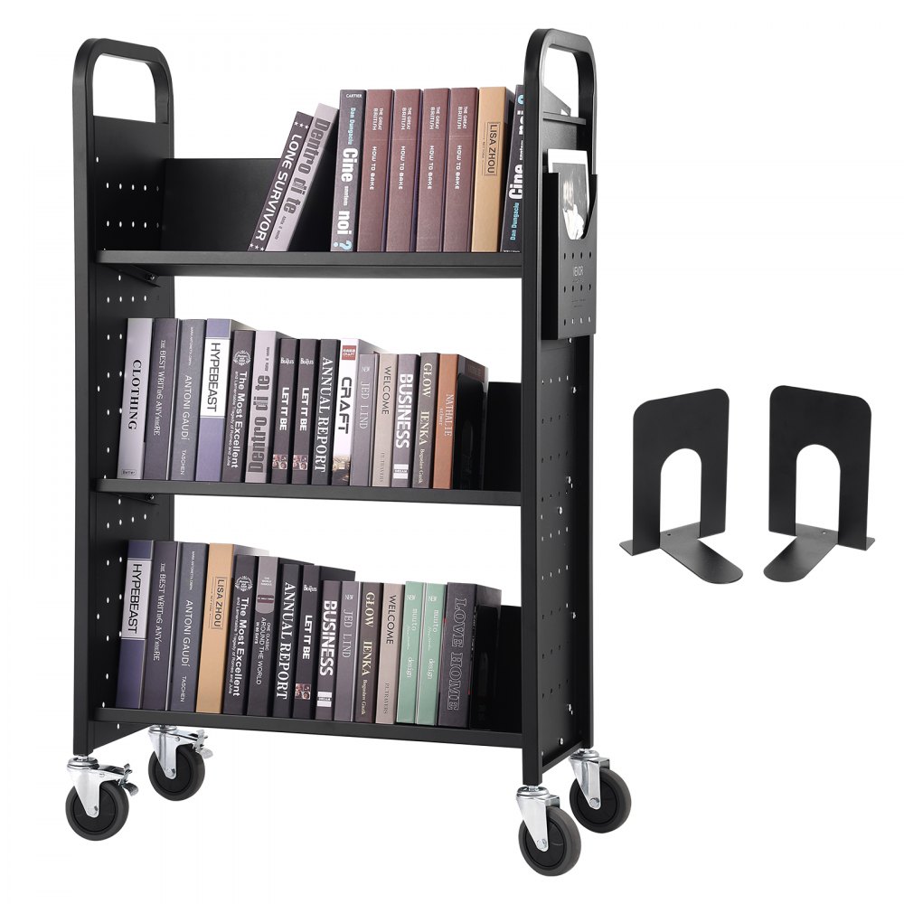 Chariot Bibliothèque VEVOR 150 Kg – Étagères L En Acier, 3 Niveaux, Roues Verrouillables – Noir 79x38.5x125 Cm