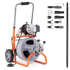 Déboucheur Électrique de Canalisation 30 m x 0,95 cm Machine de Nettoyage de Tuyaux sur Roues Alimentation Automatique Nettoyeur de Tubes, 8 Coupeurs, Commande à Pied par Air pour Tuyaux 5-10 cm | FR