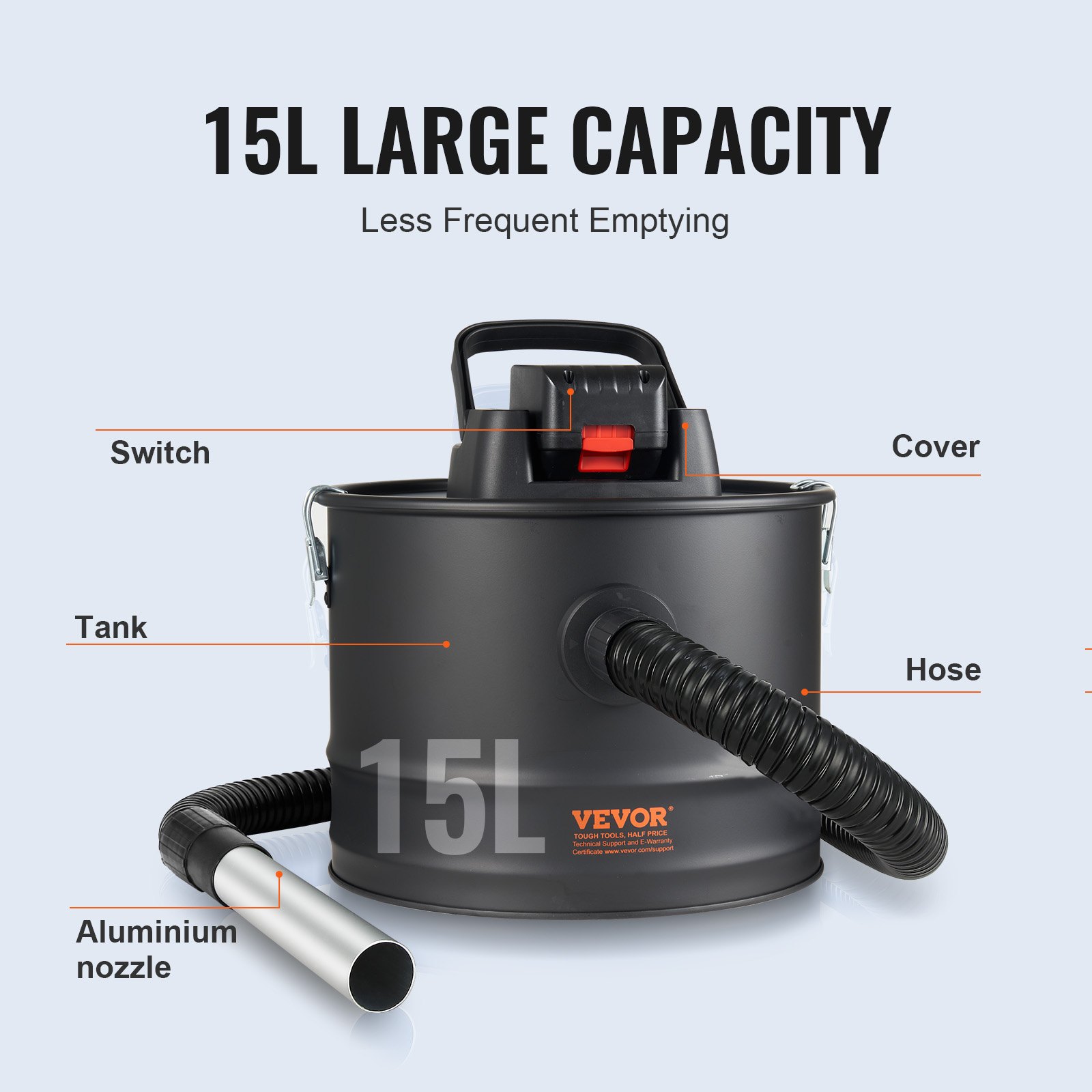 Aspirateur à Cendres Portable WilTec 600W - 15 KPa, Réservoir 4L, Filtre HEPA - Pour Cheminée, Poêle à Bois, Barbecue