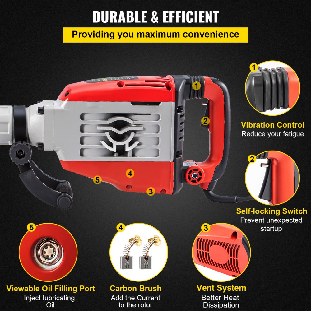 Marteau Piqueur De Démolition VEVOR 2800W - 1200 Coups/min, énergie 45J - Avec 3 Burins, Pelle à Argile, Mallette - Pour Béton, Maçonnerie, Brique