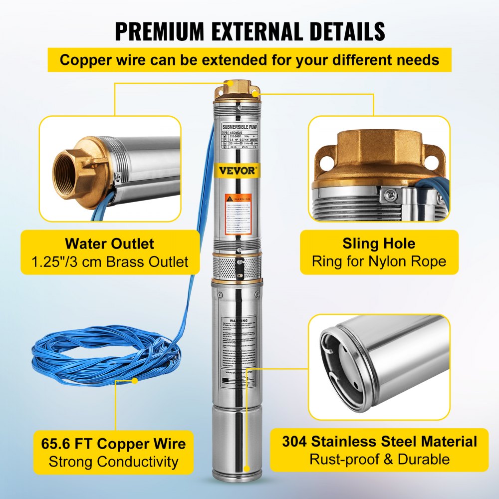Pompa Sommersa Per Pozzi 0.37kw 5600 L/h 0.5hp Sommergibile Irrigazione