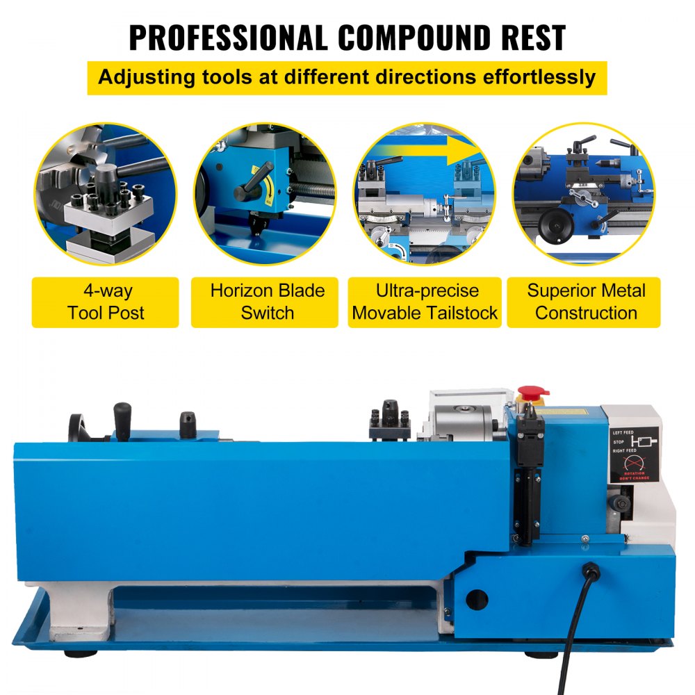 VEVOR Torni da Banco, 7 x 14 Pollici 550 W 0-2250 RPM Tornio in Metallo a Velocità Variabile con Ingranaggi in Nylon per Lavori di Lavorazione, Come Tornitura Controfacciata, Foratura, Filettatura