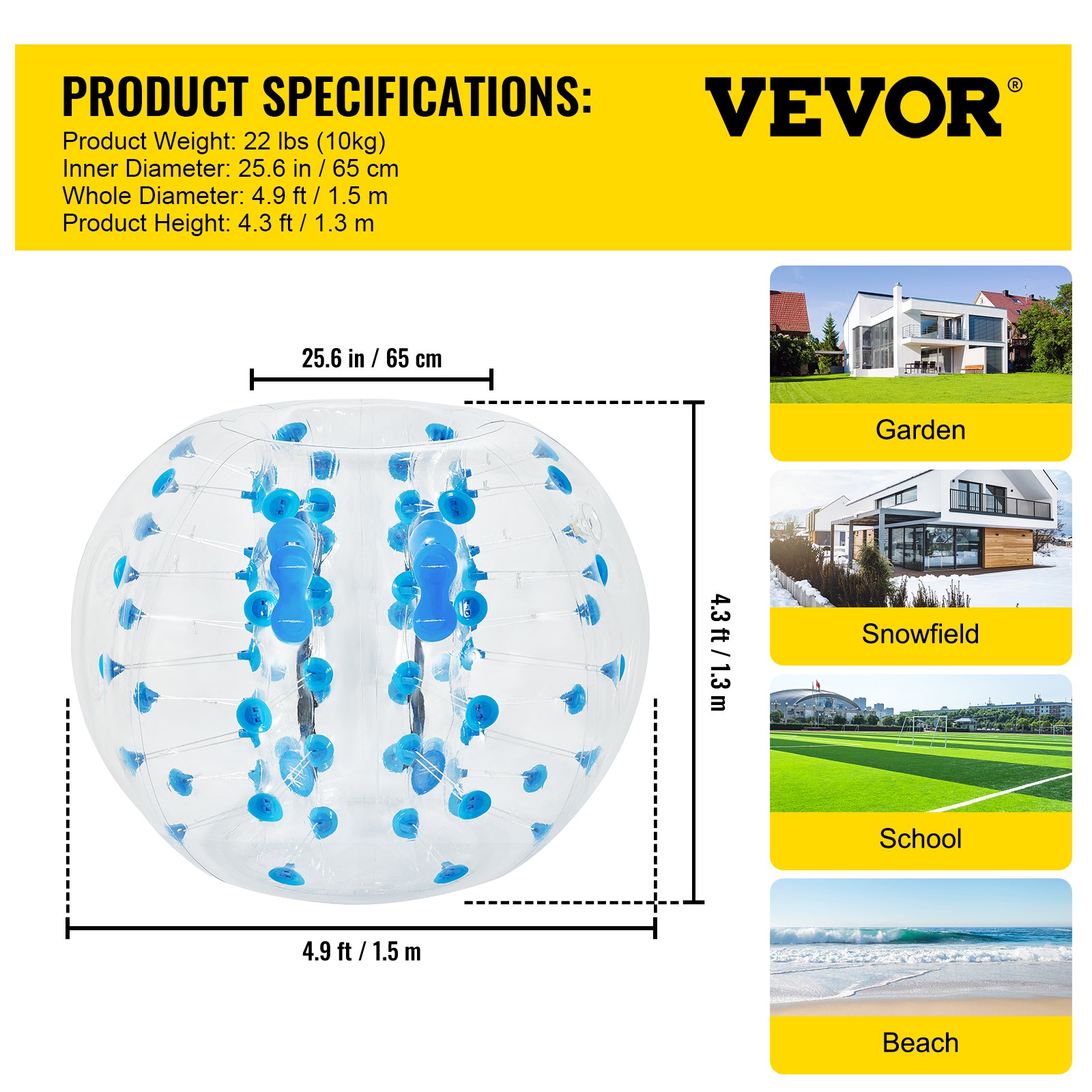 VEVOR Pallone Gonfiabile del Paraurti della Bolla, Diametro Intero 150 cm Altezza 120 cm, 23,04 Libbre Palla Paraurti Gonfiabile in PVC da 1,5 m, Ampiamente Usato in Cortile, Spiaggia, Centro di Gioco
