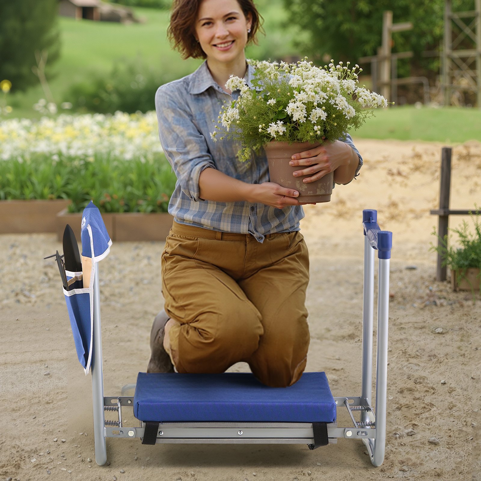 VEVOR Kneeling Bench 585x300x485 mm, Knee Cushion 279x385 mm, Knee Support for Gardening up to 160 kg, Foldable Garden Seat with 1 Tool Bag, Work Stool Relieves Knee & Back Pain