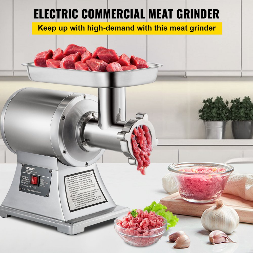 VEVOR Tritacarne Elettrico In Acciaio Inox 250kg/h, Macchina per Salsicce Professionale, 2 Piastre di Macinazione, Meat Grinder 1100W per Casa o Uso Industriale