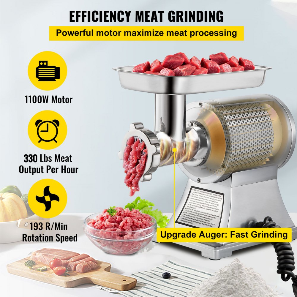 VEVOR Tritacarne Elettrico In Acciaio Inox 250kg/h, Macchina per Salsicce Professionale, 2 Piastre di Macinazione, Meat Grinder 1100W per Casa o Uso Industriale