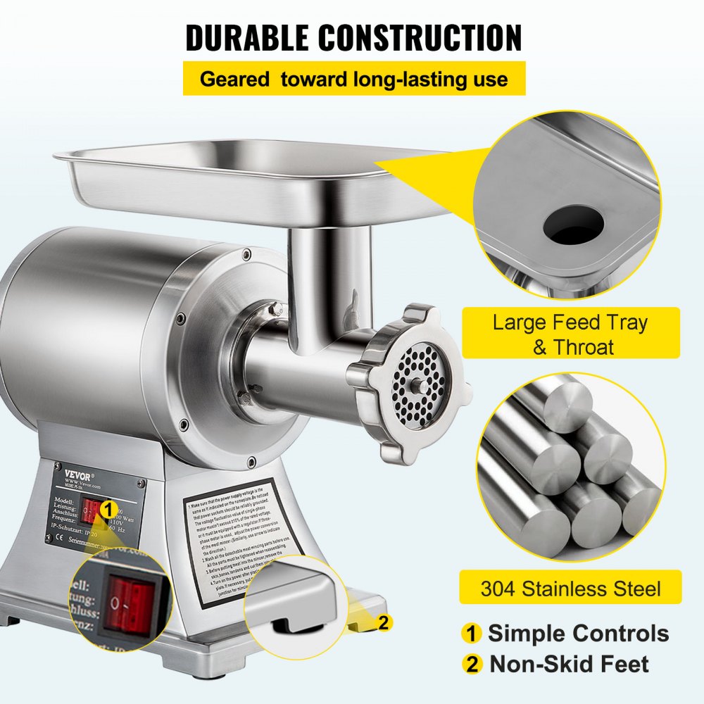 VEVOR Tritacarne Elettrico In Acciaio Inox 250kg/h, Macchina per Salsicce Professionale, 2 Piastre di Macinazione, Meat Grinder 1100W per Casa o Uso Industriale