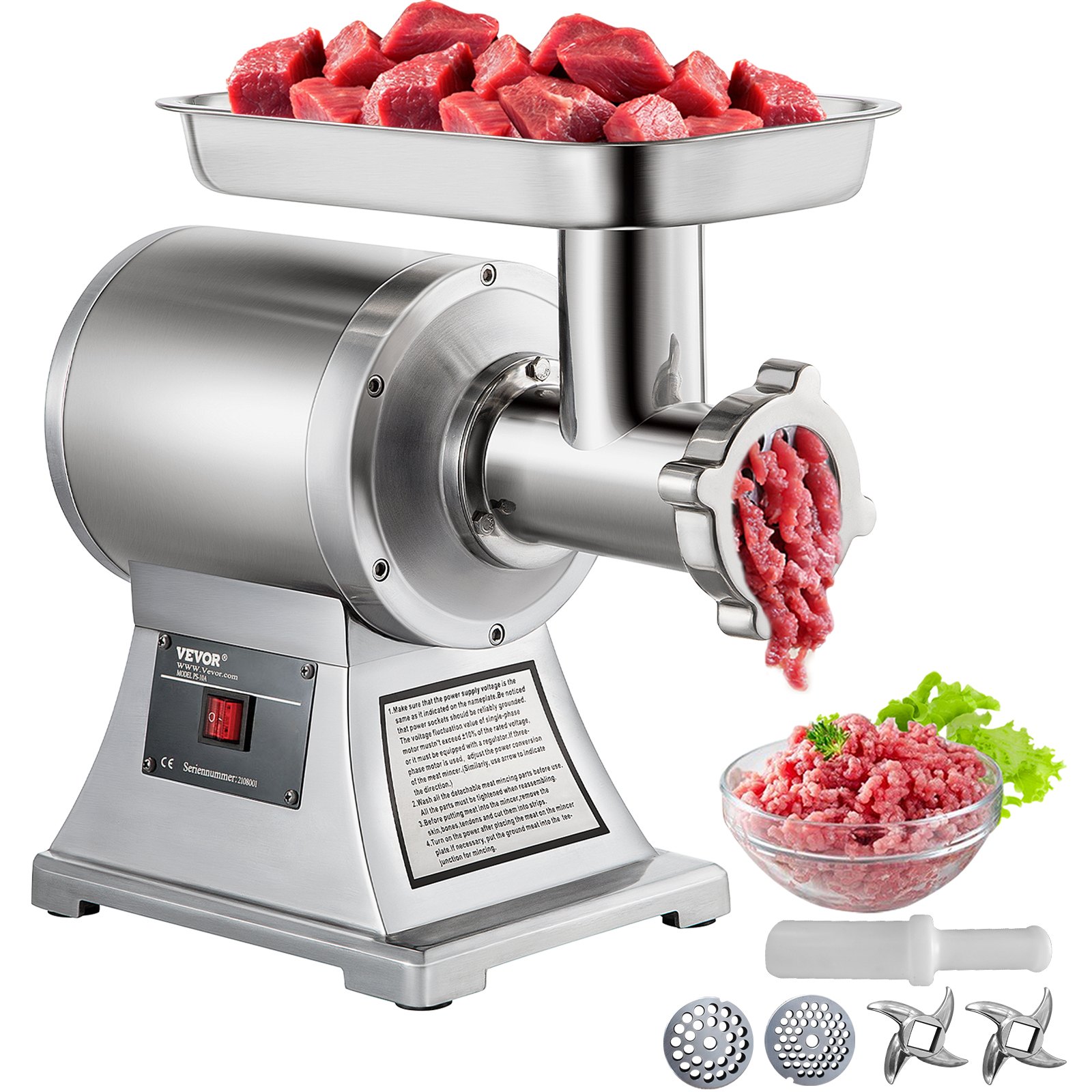 VEVOR Tritacarne Elettrico In Acciaio Inox 250kg/h, Macchina per Salsicce Professionale, 2 Piastre di Macinazione, Meat Grinder 1100W per Casa o Uso Industriale
