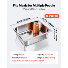 VEVOR 1/2 Pentola per Vapore in Acciaio Inox, 99 mm di Profondità, Pentola a Tavolo da 24 L, Forniture per Ristoranti Anti-Inceppamento, Antiruggine, per la Casa, Feste, Ristoranti, 6 Confezioni