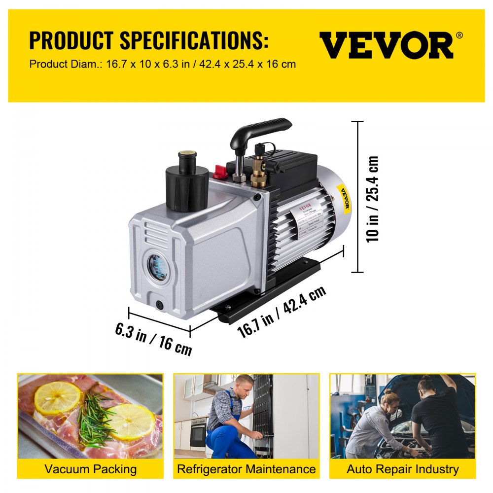 VEVOR Vacuum Pump 12 CFM, 1 HP, 5 Pa High-Efficiency Vacuum Pump. Ideal for household air conditioning, vehicle maintenance, and vacuum packaging.