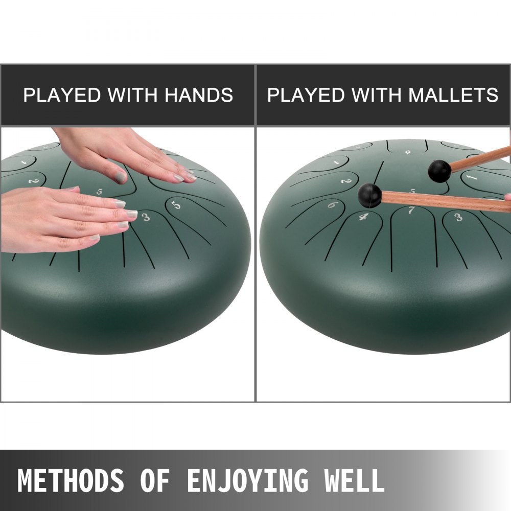 VEVOR Tamburo di Lingua Handpan Musicale 13 Toni Diametro da 12 Pollici, Strumento a Percussione Tamburo di Lingua in Acciaio 13 Linguette con Mazze, Tamburo di Lingua 12 Pollici Verde Scuro di Musica