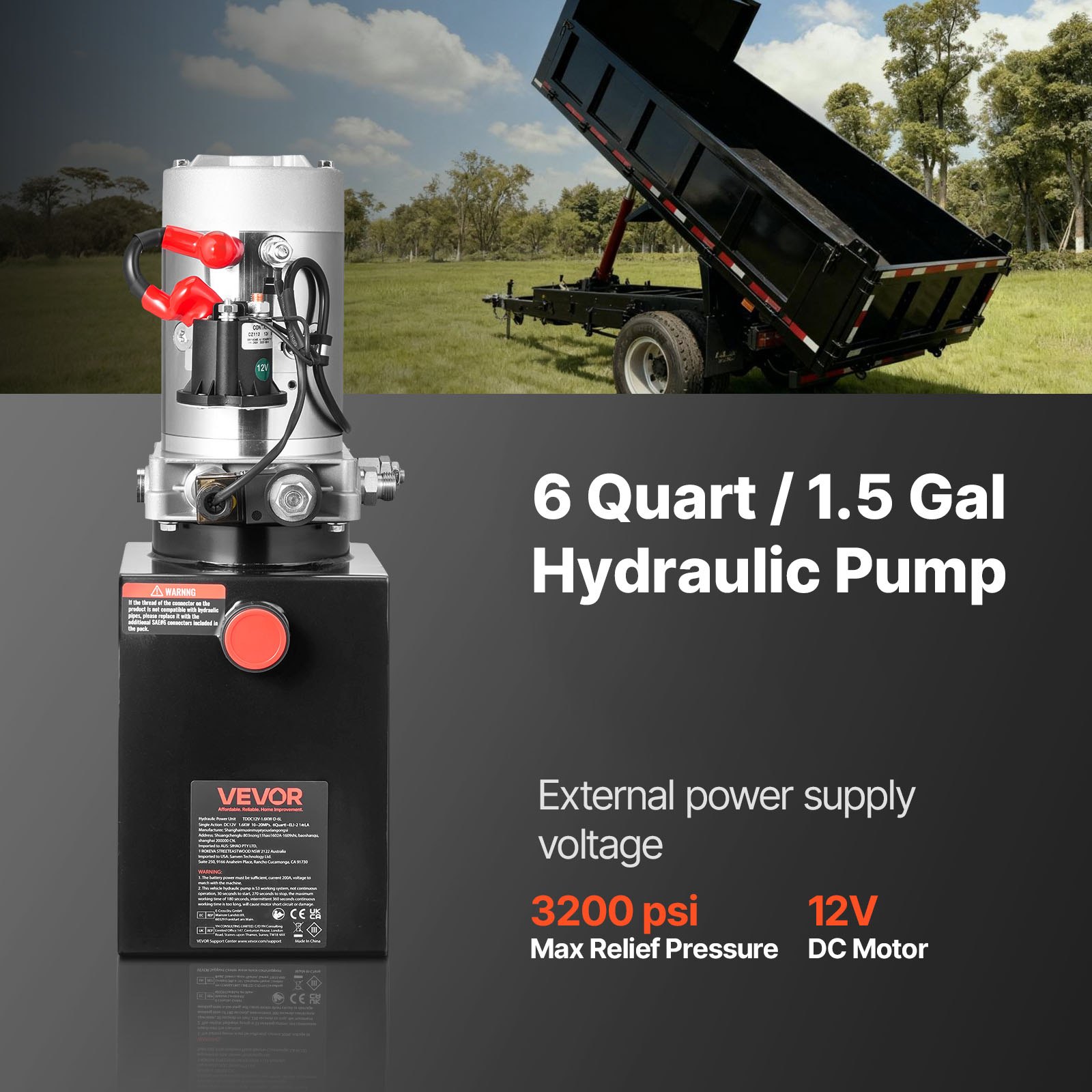 VEVOR Pompa Idraulica per Elevatore 1600 W Azione Singola Pressione 2320-2900 PSI Centralina Idraulica Rimorchio Ribaltabile con Serbatoio Olio in Metallo Volume 2,1 mL/r da Officina Garage, Nero