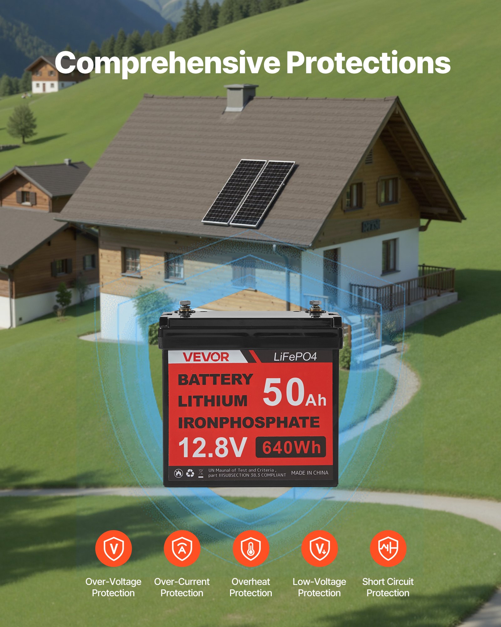 VEVOR Kit Solare Off-Grid 200 W 12 V 2 Pannelli Monocristallini da 100 W, Kit Solare Completo con Batteria LiFePO₄ 12,8 V 50 Ah, Regolatore 40 A, Inverter da 800 W, per Camper, Casa e Barca Off-Grid