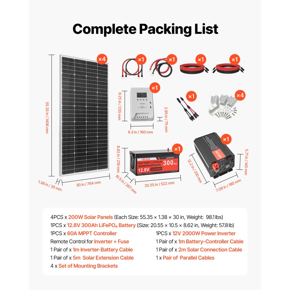 VEVOR Kit Solare Off-Grid 800W 12V 4 Pannelli Monocristallini da 200W, Kit Completo per Sistemi Solari Off-Grid, Batteria LiFePO₄ 12,8V 300Ah, Regolatore MPPT 60A, Inverter 2000W, per Casa e Baita