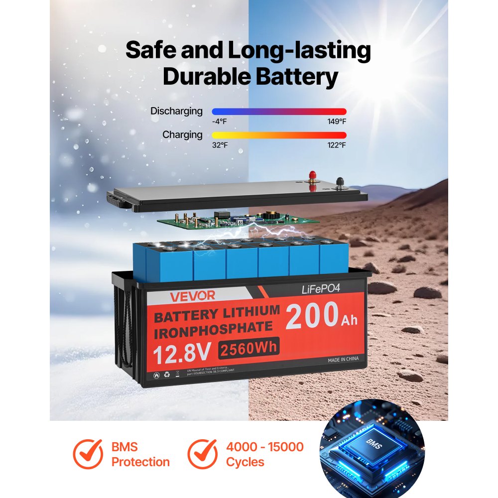 VEVOR Kit Solare Off-Grid 400W 12V 4 Pannelli Monocristallini da 100W, Kit Solare Completo con Batteria LiFePO₄ 12,8V 200Ah, Regolatore MPPT 40A, Inverter da 2000W, per Camper, Casa e Barca Off-Grid