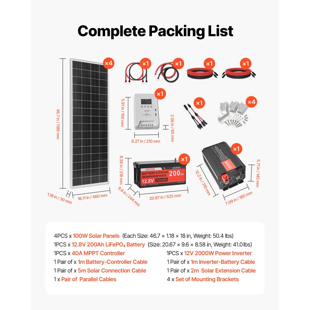 VEVOR Kit Solare Off-Grid 400W 12V 4 Pannelli Monocristallini da 100W, Kit Solare Completo con Batteria LiFePO₄ 12,8V 200Ah, Regolatore MPPT 40A, Inverter da 2000W, per Camper, Casa e Barca Off-Grid