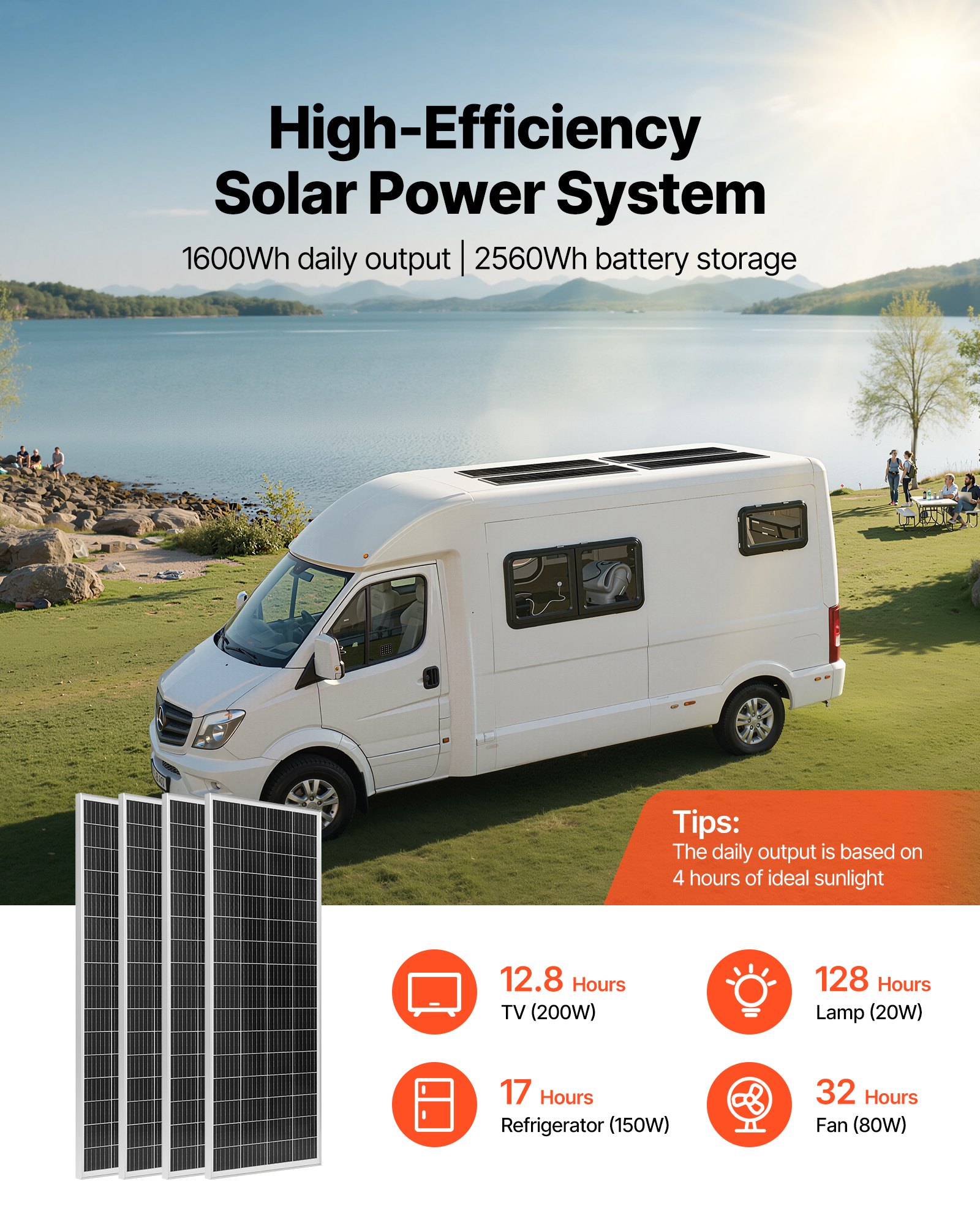 VEVOR Kit Solare Off-Grid 400W 12V 4 Pannelli Monocristallini da 100W, Kit Solare Completo con Batteria LiFePO₄ 12,8V 200Ah, Regolatore MPPT 40A, Inverter da 2000W, per Camper, Casa e Barca Off-Grid