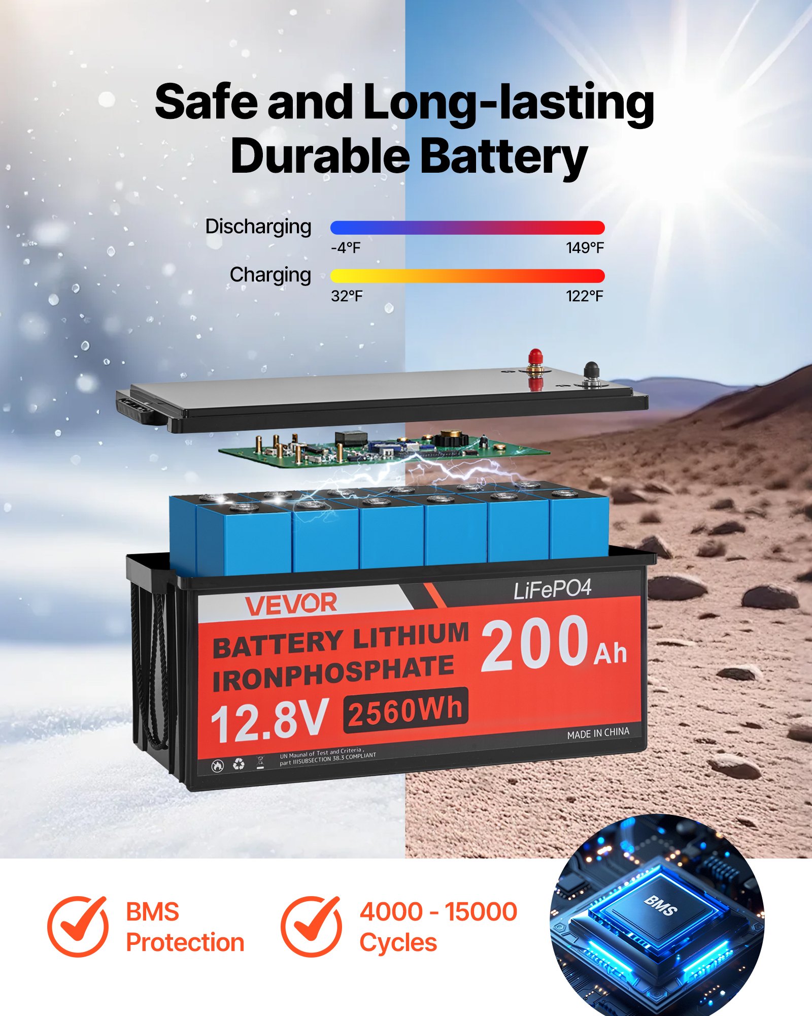 VEVOR Kit Solare Off-Grid 400W 12V 4 Pannelli Monocristallini da 100W, Kit Solare Completo con Batteria LiFePO₄ 12,8V 200Ah, Regolatore MPPT 40A, Inverter da 2000W, per Camper, Casa e Barca Off-Grid