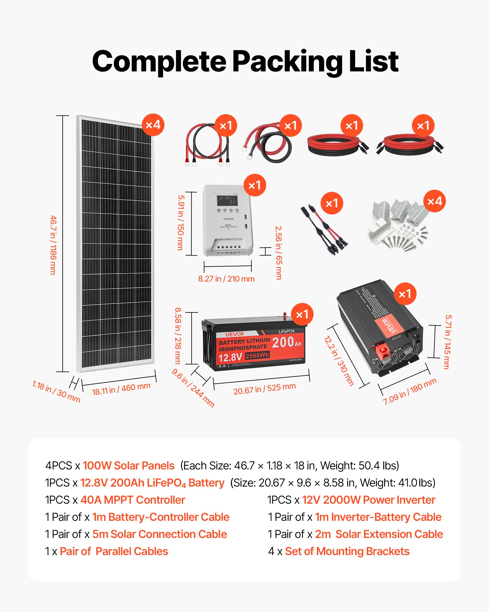 VEVOR Kit Solare Off-Grid 400W 12V 4 Pannelli Monocristallini da 100W, Kit Solare Completo con Batteria LiFePO₄ 12,8V 200Ah, Regolatore MPPT 40A, Inverter da 2000W, per Camper, Casa e Barca Off-Grid