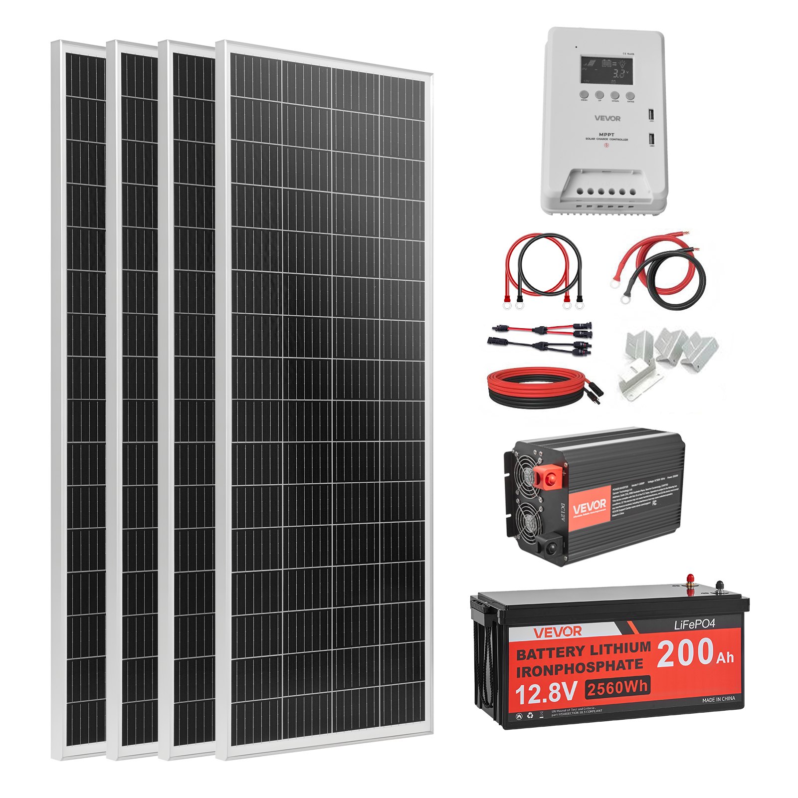 VEVOR Kit Solare Off-Grid 400W 12V 4 Pannelli Monocristallini da 100W, Kit Solare Completo con Batteria LiFePO₄ 12,8V 200Ah, Regolatore MPPT 40A, Inverter da 2000W, per Camper, Casa e Barca Off-Grid