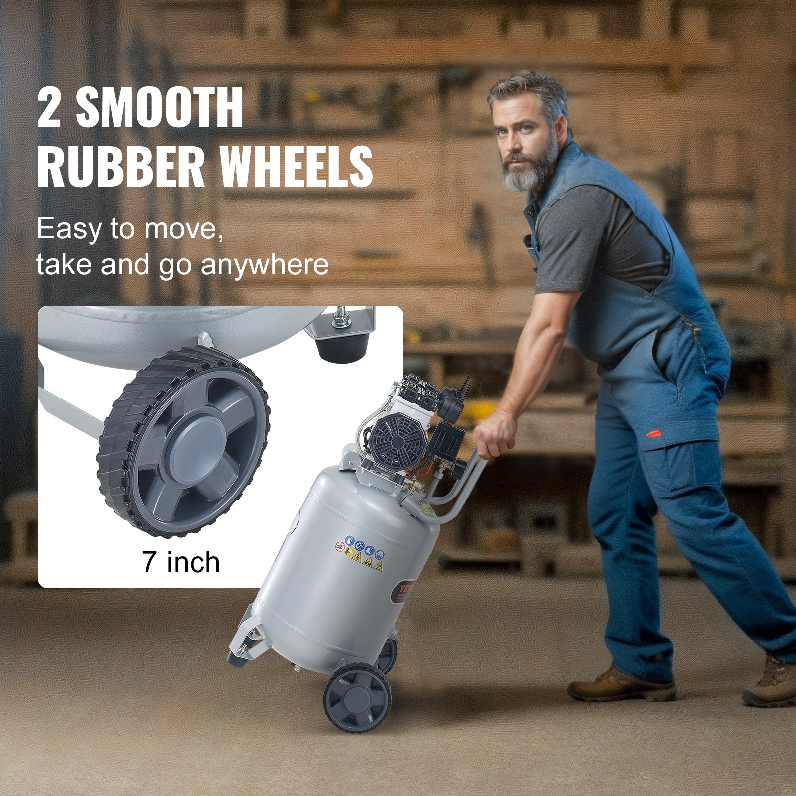 VEVOR Air Compressor 49L Whisper Compressor 2HP Oil-Free Air Pump 8bar Single-Phase Compressor Noise Level ≤63dB Ideal for Inflating Tires, Car Repairs, Painting, and Woodworking