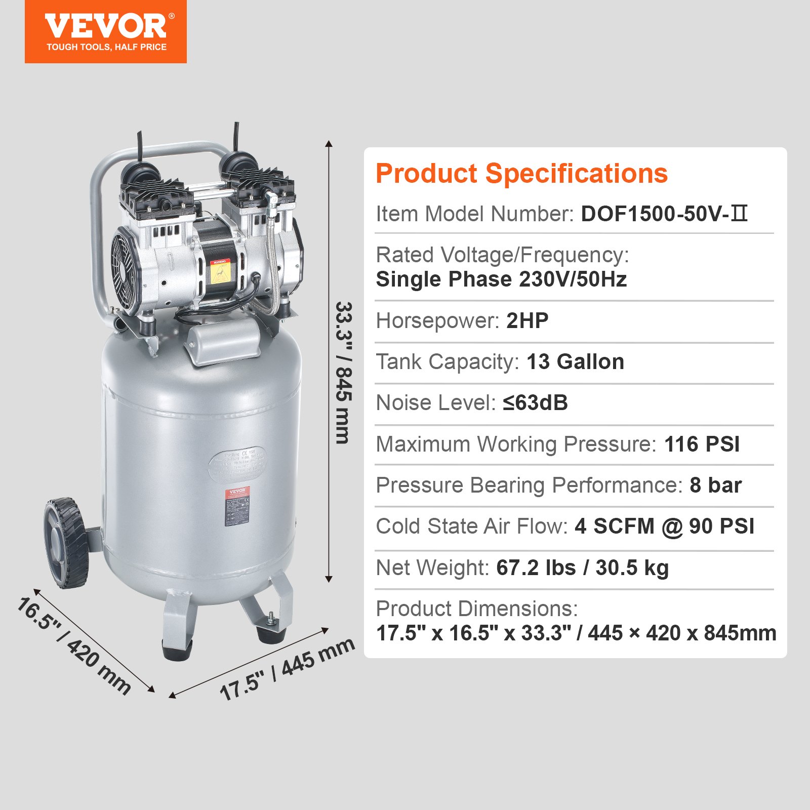 VEVOR Air Compressor 49L Whisper Compressor 2HP Oil-Free Air Pump 8bar Single-Phase Compressor Noise Level ≤63dB Ideal for Inflating Tires, Car Repairs, Painting, and Woodworking