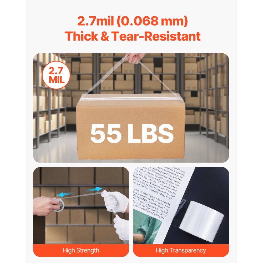 VEVOR Nastro da Imballaggio Trasparente, Anima 38,1 mm 6 Rotoli, 47,8 mm x 25 Iarde, Nastro da Imballaggio con Distributore, Nastro da Imballaggio Resistente 0,068 mm per Traslochi, Spedizione Postale