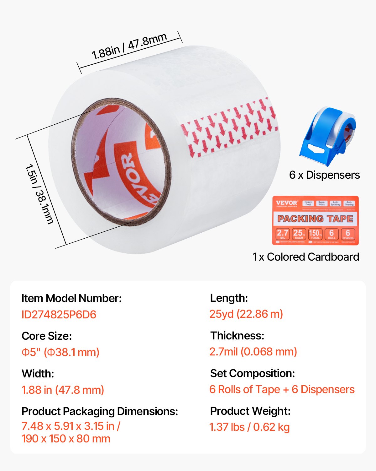 VEVOR Nastro da Imballaggio Trasparente, Anima 38,1 mm 6 Rotoli, 47,8 mm x 25 Iarde, Nastro da Imballaggio con Distributore, Nastro da Imballaggio Resistente 0,068 mm per Traslochi, Spedizione Postale