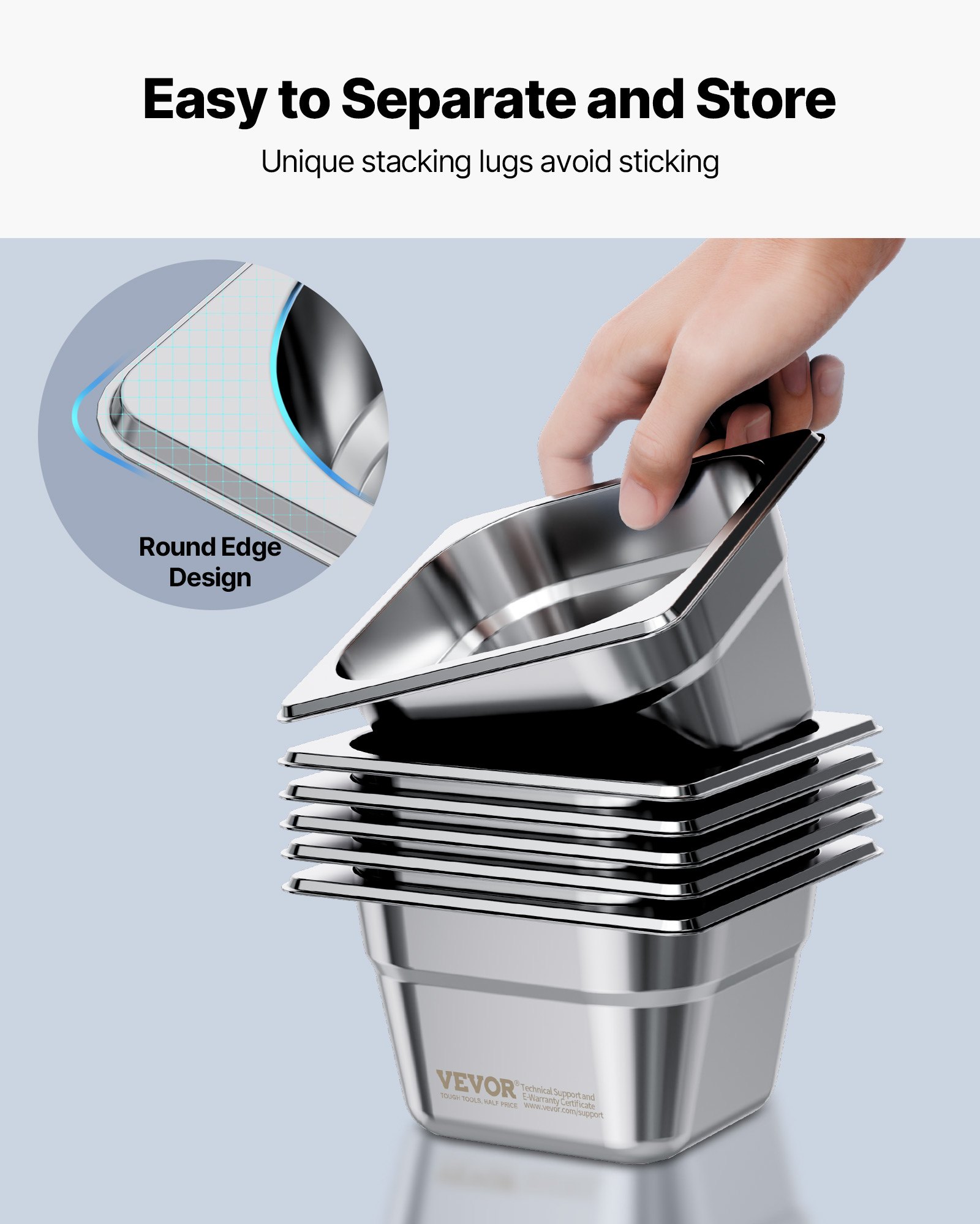 VEVOR 1/6 Pentola per Vapore in Acciaio Inox, 100 mm di Profondità, Pentola a Tavolo da 6,8 L, Forniture per Ristoranti Anti-Inceppamento, Antiruggine, per la Casa, Feste, Ristoranti, 6 Confezioni