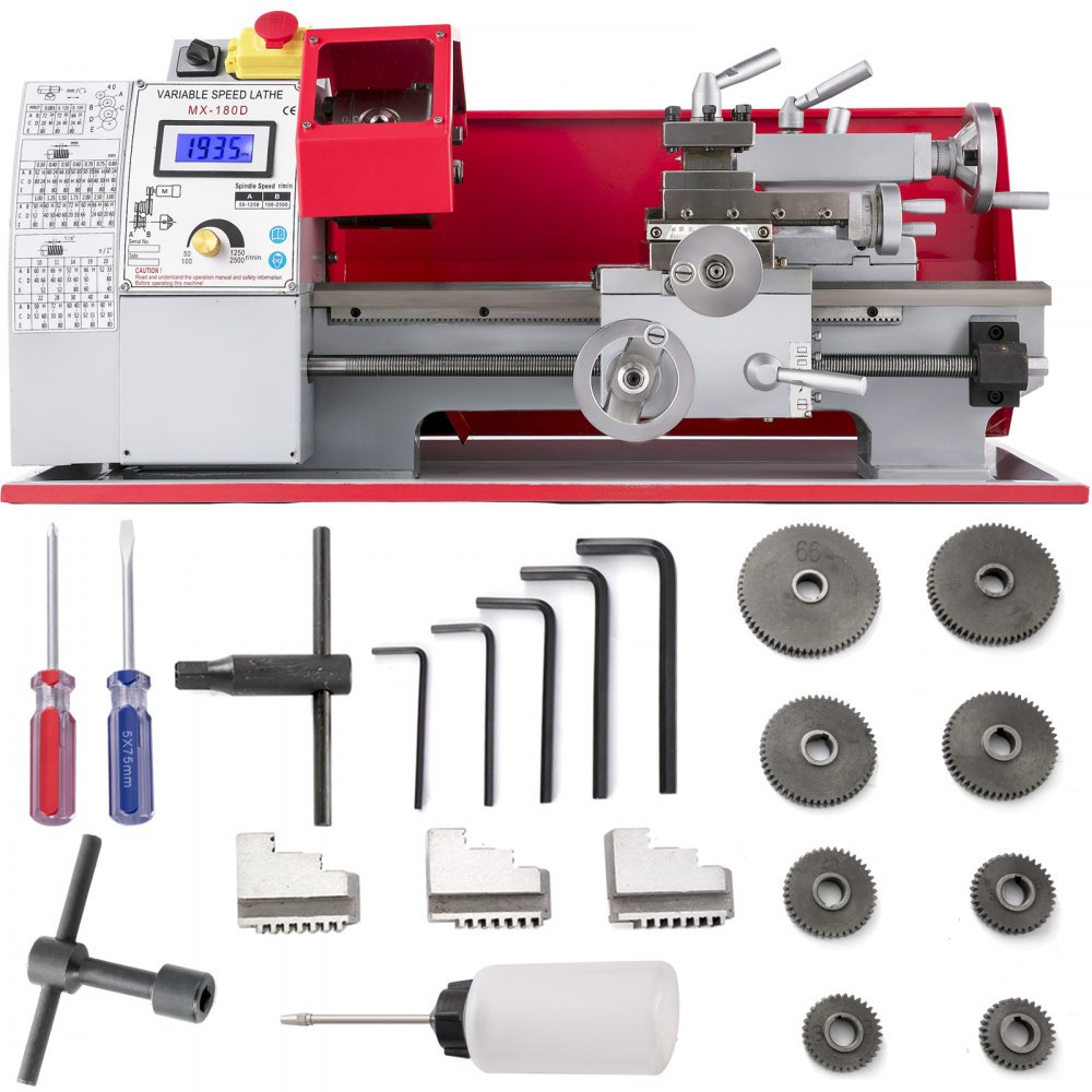 VEVOR Torni da Banco, 7 x 12 Pollici di Precisione Potenza 600 W Velocità 50 - 2500 RPM Mini Tornio per Metallo a 3 Griffe Tornio a Velocità Variabile per Boccole, Mandrini, Prototipi, Modelli e Altro