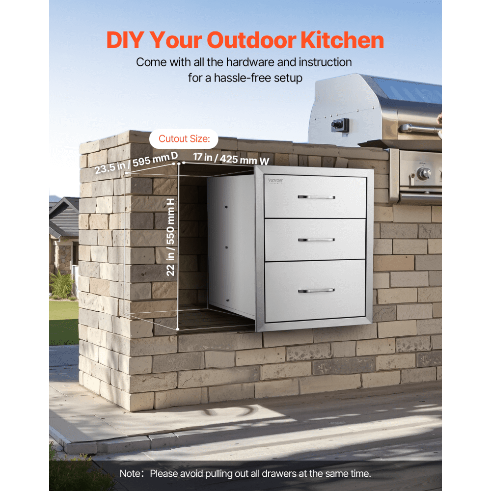 VEVOR Outdoor Kitchen Stainless Steel Triple Access BBQ Drawers with Chrome Handle, 458 x 585 x 588 mm