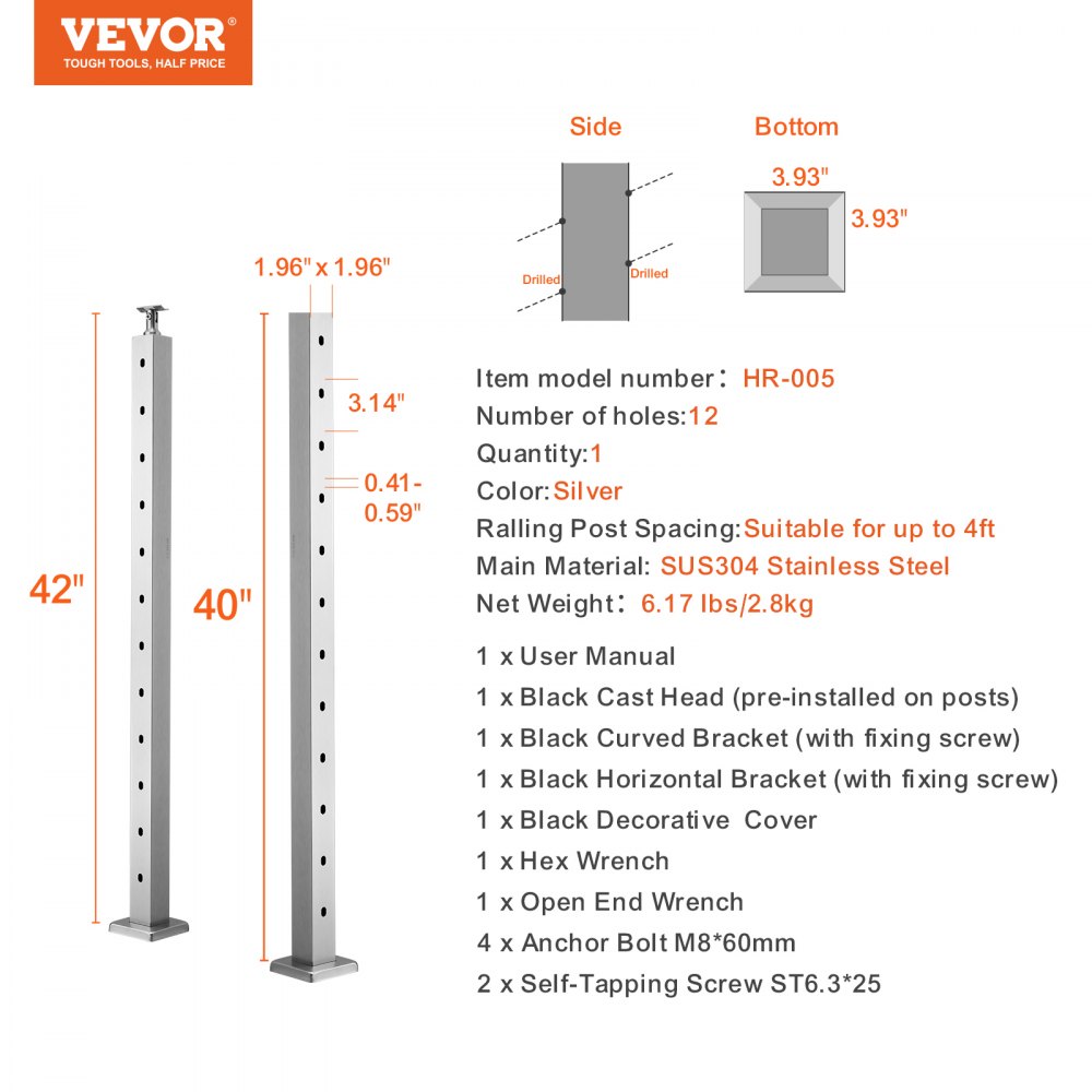 VEVOR Cable Railing Post 106.68x5.08x5.08cm 30° Angled Hole Stair Railing Post 12 Pre-Drilled Holes SUS304 Stainless Steel Post with Curved Bracket Silver 1JZLGZ1067556VUN5V0