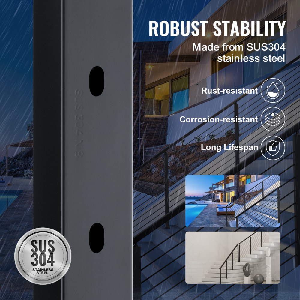 VEVOR cable railing post, 91.4 x 2.5 x 5.1 cm, steel, 30° angled hole, 10 pre-drilled holes, SUS304 stainless steel cable railing post with curved bracket, black, 1JZLGZHS91424HS5GV0