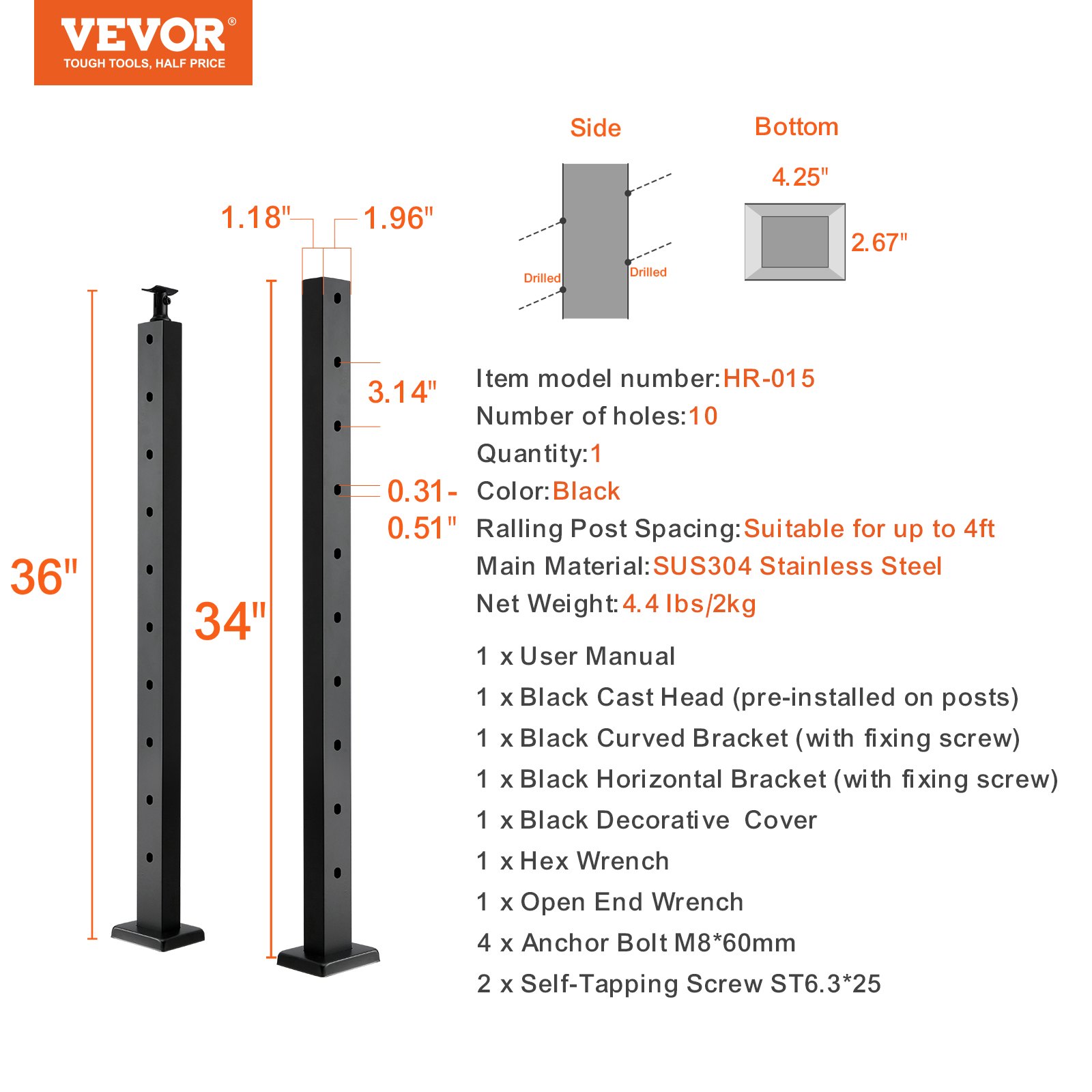 VEVOR cable railing post, 91.4 x 2.5 x 5.1 cm, steel, 30° angled hole, 10 pre-drilled holes, SUS304 stainless steel cable railing post with curved bracket, black, 1JZLGZHS91424HS5GV0