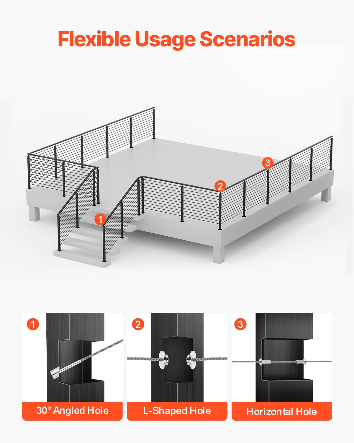 VEVOR Ringhiera per Recinzione da Balcone 1067x108x68 mm da Giardino Balcone Fori a Forma L in Acciaio Inox, Kit di Palo per Balaustrata da Terrazza, 1JZLGZXHS10607YXO001V0